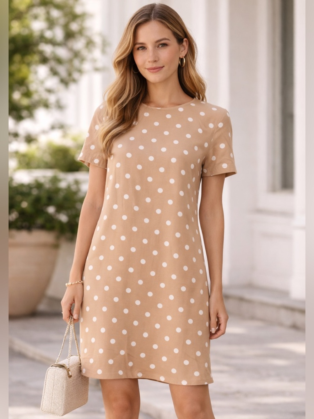 Ann Taylor Polka Dot Shift‎ Dress Tan White Short Sleeve Lined Size 6 Preppy
